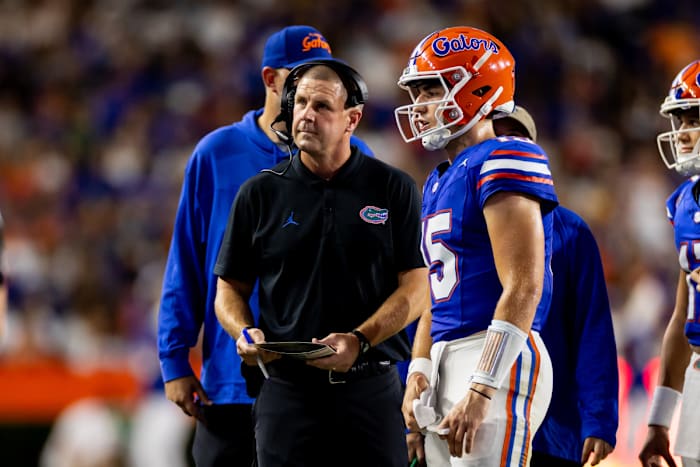 Florida HC Billy Napier with starting QB Graham Mertz during a win over McNeese State on September 9th, 2023, in Gainesville, Florida. (Photo by Matt Pendleton of USA Today Sports)